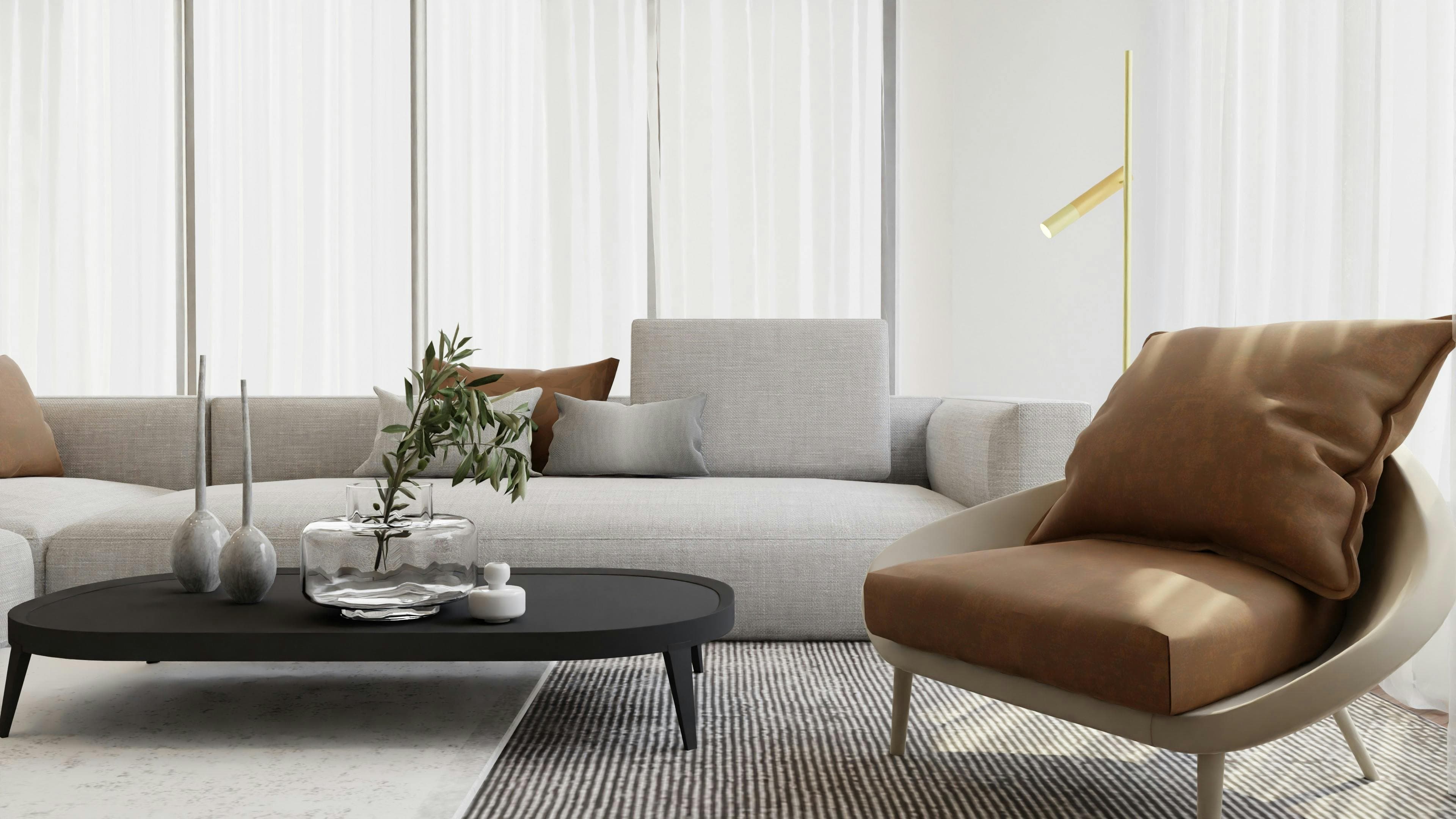 Luxurious brown velvet sofa in a warm, earthy living space